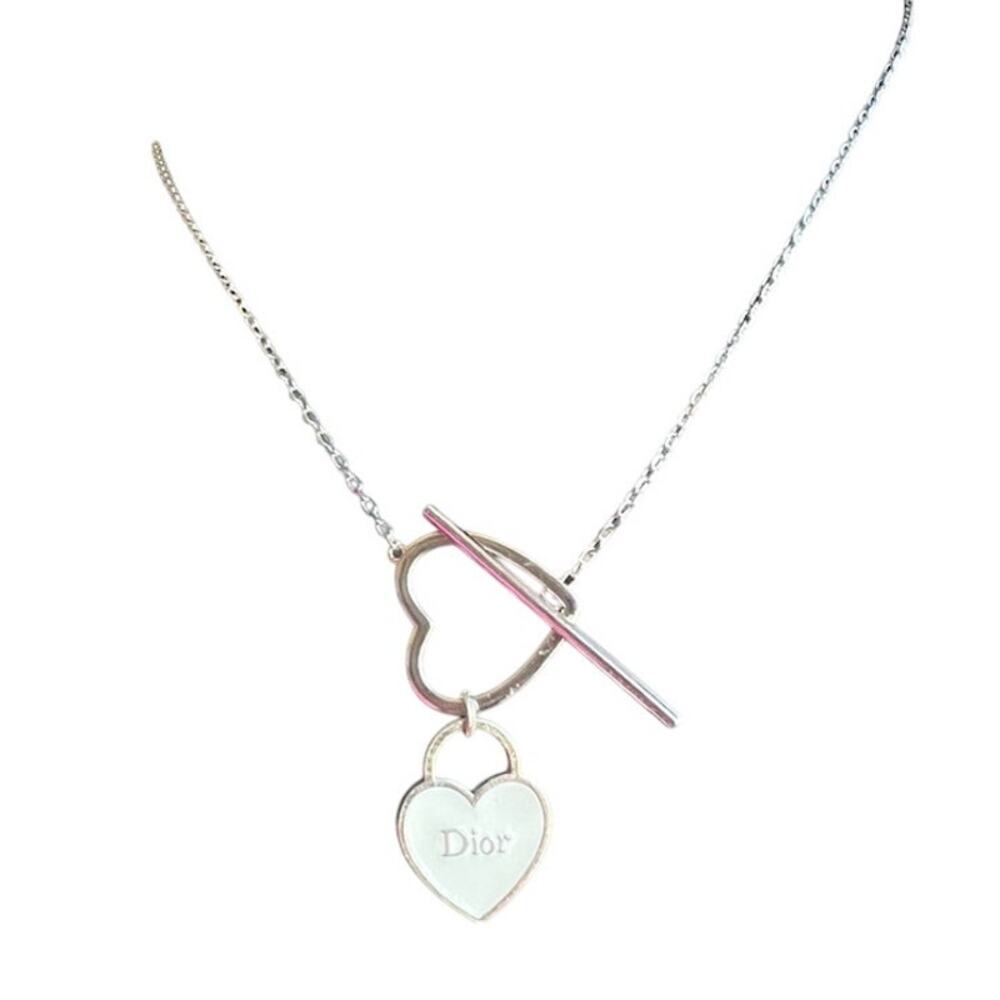 Christian Dior Silver White Double Heart Toggle Necklace (CDXX035)